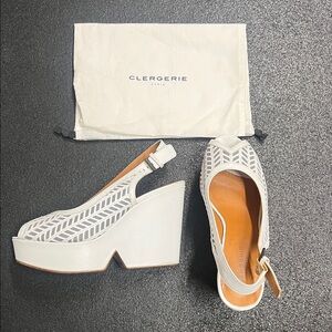 Robert Clergerie White Laser-Cut Platform Slingback Wedges